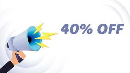 Aufkleber - Hand hold megaphone. 40 percent off, realistic 3d megaphone, loudspeaker with lightning. Symbols speaker, social media, advertising and promotion. 4K video animation