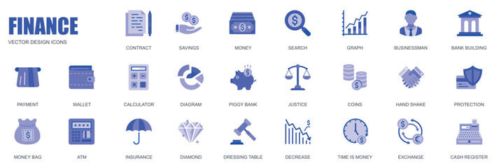Aufkleber - Finance concept of web icons set in simple flat design. Pack of contract, savings, money, search, graph, businessman, bank building, payment, wallet and other. Vector blue pictograms for mobile app