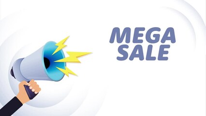 Aufkleber - Hand hold megaphone. Mega sale, realistic 3d megaphone, loudspeaker with lightning. Symbols speaker, social media, advertising and promotion. 4K video animation