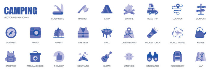 Camping concept of web icons set in simple flat design. Pack of knife, hatchet, camp, bonfire, road trip, location, signpost, compass, map, life vest and other. Vector blue pictograms for mobile app