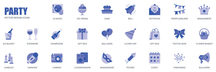 Poster - Party concept of web icons set in simple flat design. Pack of dj music, ice cream, cake, invitation, paper garland, karaoke, stemware, champagne, gift and other. Vector blue pictograms for mobile app