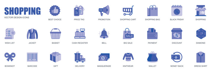 Poster - Shopping concept of web icons set in simple flat design. Pack of best choice, price tag, promotion, cart, bag, black friday, wish list, discount, sale and other. Vector blue pictograms for mobile app