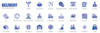 Delivery concept of web icons set in simple flat design. Pack of fragile, geolocation, air freight, worldwide, shipping, control, mail, cargo, weighing and other. Vector blue pictograms for mobile app