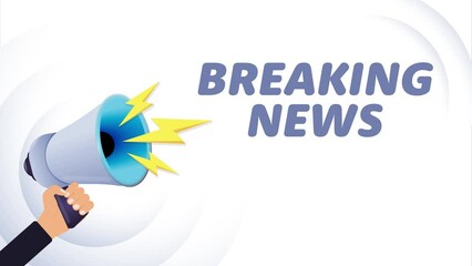 Poster - Hand hold megaphone. Breaking news, realistic 3d megaphone, loudspeaker with lightning. Symbols speaker, social media, advertising and promotion. 4K video animation