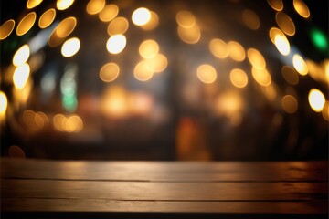 Empty Wooden holiday table with blurred bokeh background. Festive lights, Christmas tree and garlands. AI