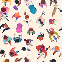 Wall Mural - Walking people pattern. Characters top view running and walking exact vector seamless background