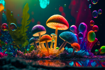 Wall Mural - psychedelic decorative mushrooms. image created with generative ai technology.
