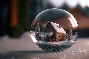 Wall Mural - close-up of a snow ball with a little house in it, ai generated