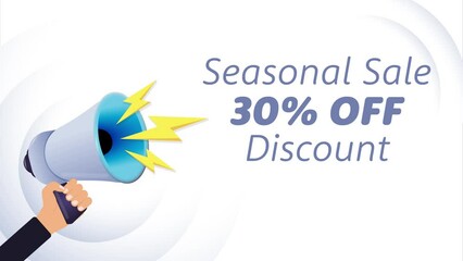 Aufkleber - Hand hold megaphone. Seasonal sale 30 percent off, realistic 3d megaphone, loudspeaker with lightning. Symbols speaker, social media, advertising and promotion. 4K video animation