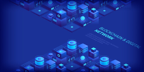 Poster - abstract blockchain and digital cloud network technology background. artificial intelligence, deep l