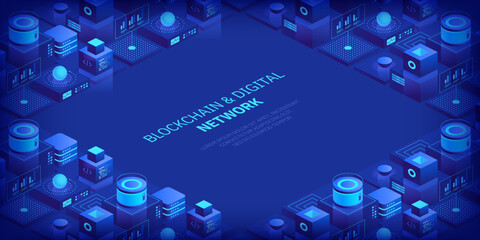 Poster - abstract blockchain and digital cloud network technology background. artificial intelligence, deep l