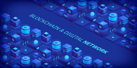 Poster - abstract blockchain and digital cloud network technology background. artificial intelligence, deep l