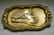 Antique golden trays with set of antique forks on a rustic table - Top of view banner. Vintage Table setting.