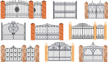 Forged Gates. Wrought Gate, Cartoon Ornamental Metal Enclosure For House Park Or Garden Manor Entrance Antique Iron Fence With Ironwork Decorative Railing, Neat Vector Illustration