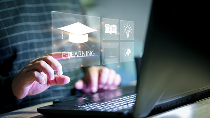 Aufkleber - Concept of Online education. man use Online education training and e-learning webinar on internet for personal development and professional qualifications. Digital courses to develop new skills...