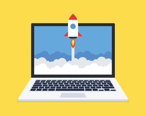 Poster - Concept of business startup. Rocket launch from screen. Vector illustration.