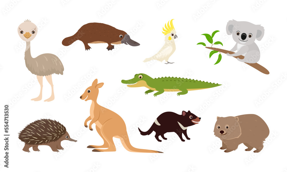 Stock-Vektorgrafik „Cute Australian animals set. Funny cartoon Wallaby ...