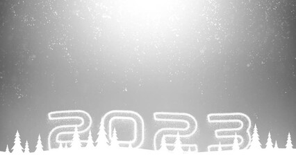 Wall Mural - New year 2023 snowy field with snowflakes loop motion on black background.