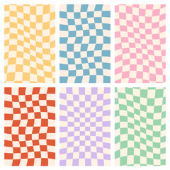 Wall Mural - Groovy hippie 70s vector backgrounds set. Chessboard patterns. Twisted and distorted vector texture in trendy retro psychedelic style