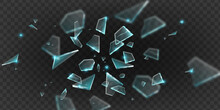 Broken Glass Shatter Explosion, Vector Sharp Ice Fragments On Transparent Background, 3D Splinters. Danger Flying Crystal Piece, Destroy Windshield Smithereens Concept. Broken Glass Realistic Clipart