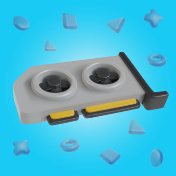 3d realistic graphic video card with geometric shapes in minimal funny cartoon style. Modern design element on bright background. Vector illustration or icon.