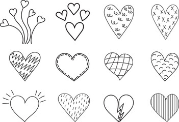 Wall Mural - doodle hearts set sketch ,contour on white background isolated