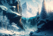Fantasy Winter Landscape With Frozen Waterfall Created With Generative AI Technology.