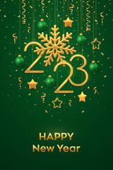 Wall Mural - Happy New 2023 Year. Hanging Golden metallic numbers 2023 with shining snowflake and confetti on green background. New Year greeting card or banner template. Holiday decoration. Vector illustration.