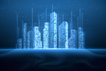 Poster - Network futuristic world and virtual reality concept with metaverse digital city with wavy wires on abstract technological background. 3D rendering