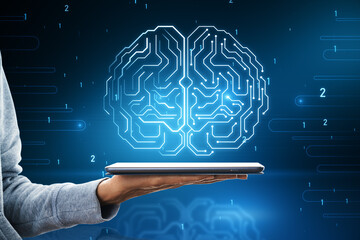 Poster - Close up of hand female holding cellphone with glowing human brain hologram on blurry background. Neurology research and artificial intelligence concept.
