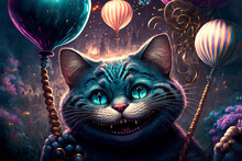 Cheshire Cat Celebrating New Year In Wonderland, Colored Balloons And Fireworks