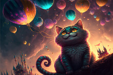 Cheshire Cat Celebrating New Year In Wonderland, He Watch Colored Balloons And Fireworks