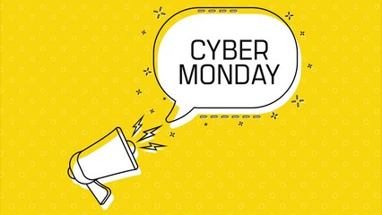 Poster - Cyber monday. Megaphone and yellow speech bubble with quote. Blog management. Concept poster for social networks, advertising, banner. Flat design. 4K animation