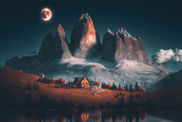 Wall Mural -  beautiful landscape with wooden cabin, cloud, big, hill, mountain,