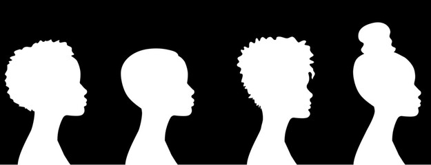 Wall Mural - a sign of several female silhouettes in profile. vector on isolated background. turn. number. diversity young women for poster or text. elegant background as well.