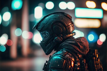 Sticker - A futuristic soldier with a helmet in the night. Cyberpunk night city bokeh blurry background.