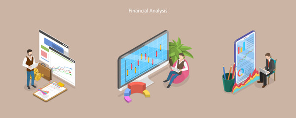 Wall Mural - 3D Isometric Flat Vector Conceptual Illustration of Financial Analysis, Stock Trading, Planning Investment Strategy