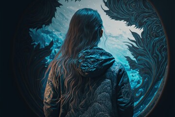 Wall Mural - Back view of woman looking at water of the universe, concept art.