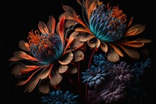  A Close Up Of A Bunch Of Flowers On A Black Background With A Black Background And A Blue And Orange Flower.
