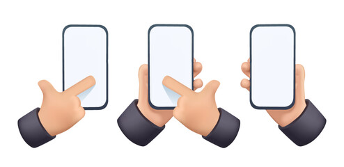 Poster - smartphone in hand realistic 3d cartoon. hand holding mobile smart phone. modern mockup. 3d render v