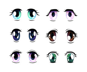 Colorful Manga or Anime Style Eyes with Black Eyelashes Vector Set