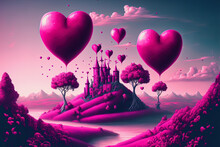 Ai Midjourney Illustration Of A Fantasy Landscape And Floating Magenta Colored Heart Shaped Balloons