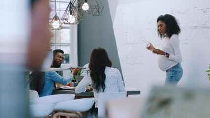 Aufkleber - Business woman, leadership and presentation with team for planning, question and discussion in office. Black woman, pregnant leader and teamwork collaboration on chart, data and coaching meeting