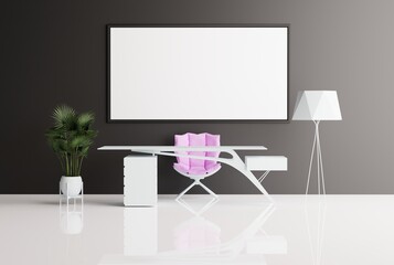 Poster - view of a modern office with an empty picture frame on a dark wall, background. modern office furnis