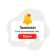 Alarm clock reminder on the screen. New message. Email notification with bell. Important reminder. Vector illustration