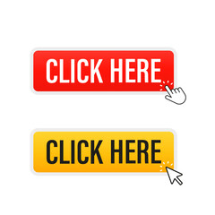 Poster - Click the button here with the arrow pointer and hand. Vector illustration