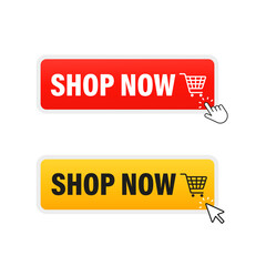Poster - Shop Now press the button with the arrow pointer and hand. Vector illustration
