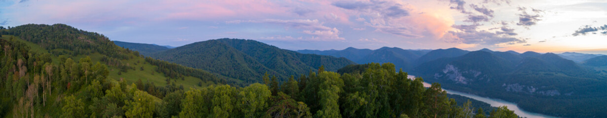 Aufkleber - Landscape panorama in Altai mountains, Katun river with sunset, areal view from above