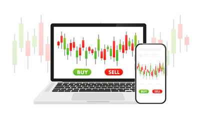 Poster - Japanese candlestick chart on laptop and phone stock chart or crypto coin. Digital banking, cryptocurrency and blockchain fintech, investments, personal finance technologies. Vector illustration