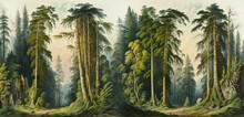 Wallpaper Painted In Vintage Colors, A Landscape Pattern Of The Ancient European Forests Of Trees - Digital Painting -2
